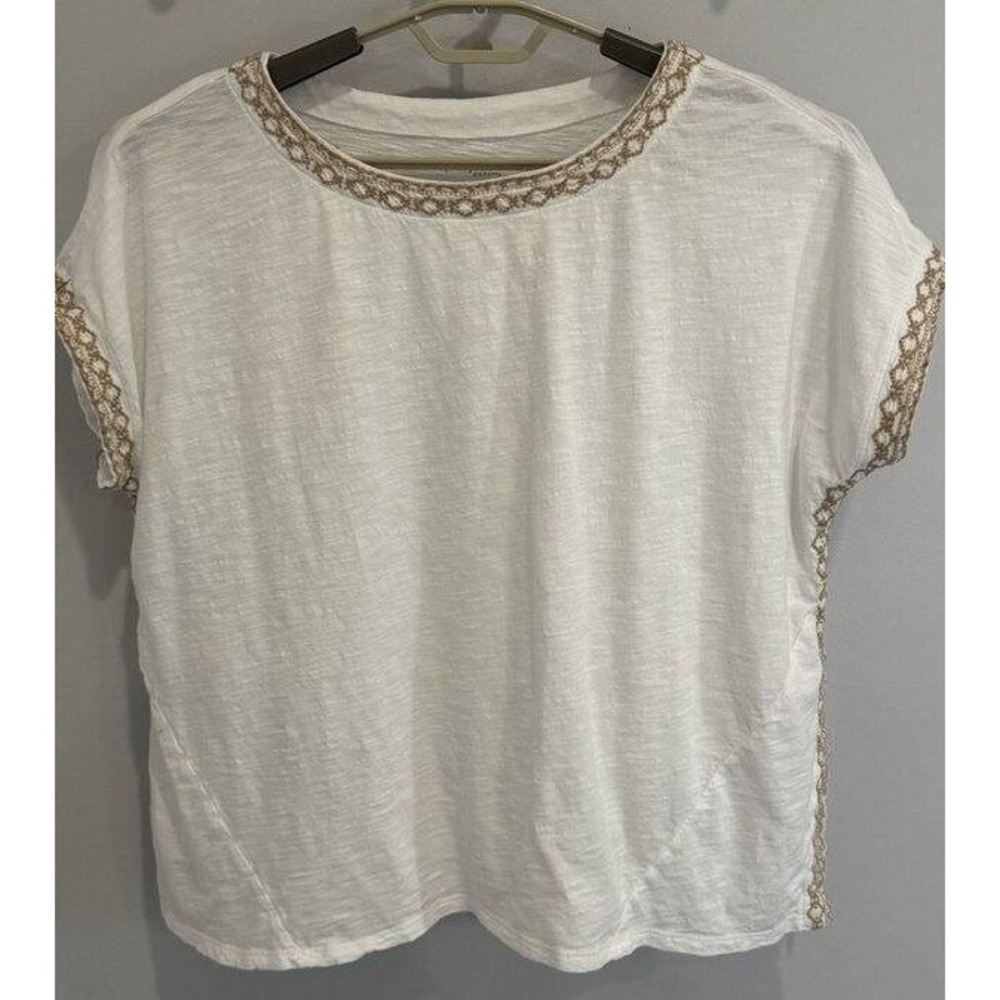 J Jill Pure Jill Elements Embroidered Boat Neck Top White Tan Size M Petite